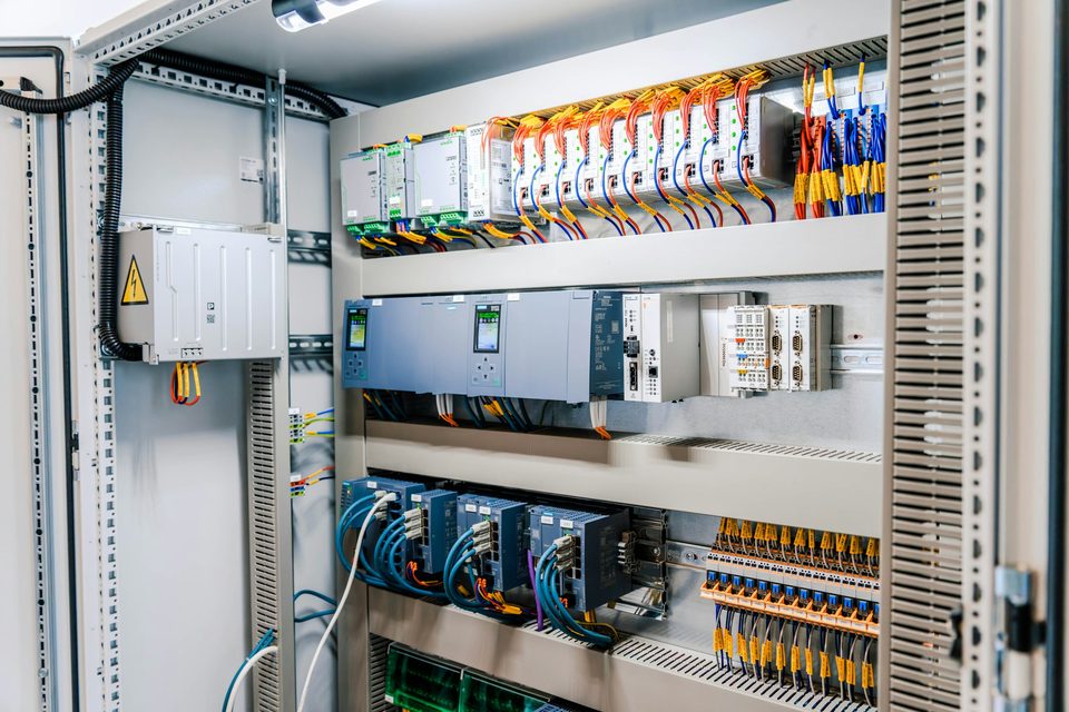 Geopende industriële besturingskast met DIN-rails, klemmen en modules