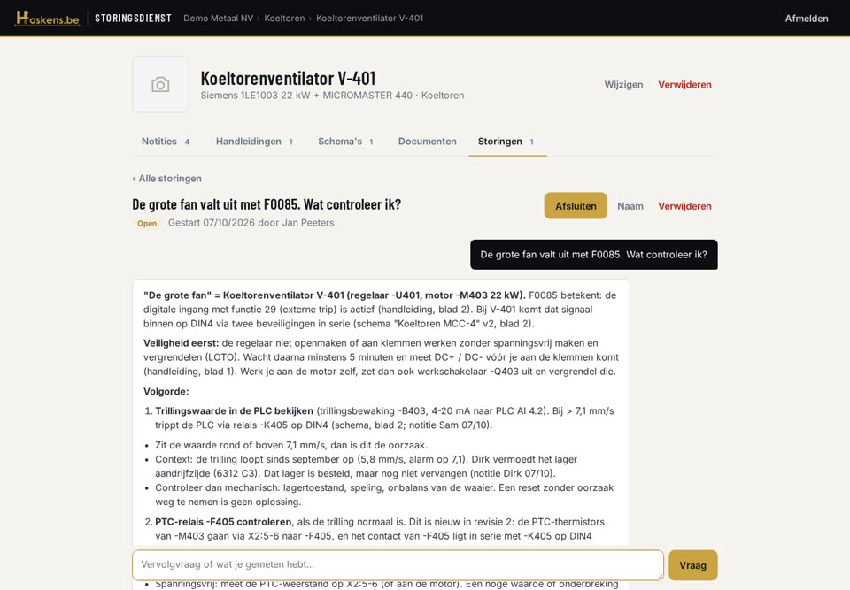 Storingsdienst: de AI-storingshulp beantwoordt een storingsvraag met verwijzing naar het schema